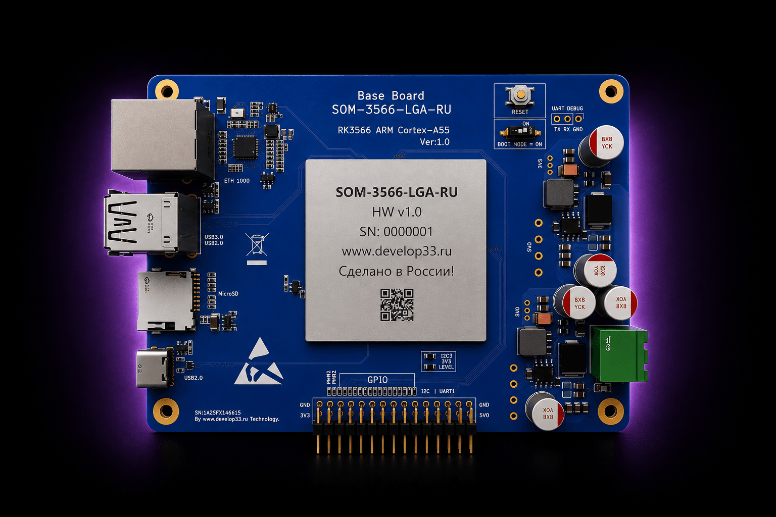 Base Board с установленным вычислительным модулем SOM-3566-LGA-RU